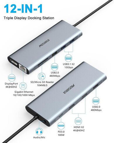 محطة إرساء USB C شاشة ثلاثية 4K@60HZ، محطة إرساء كمبيوتر محمول 12 في 1 شاشة مزدوجة USB C Hub مع 10 جيجابت في الثانية USB3.1+2 HDMI+DisplayPort+PD+Ethernet+SD لـ Dell/HP/Lenovo/MacBook/Surface 7 8 9 in Kuwait