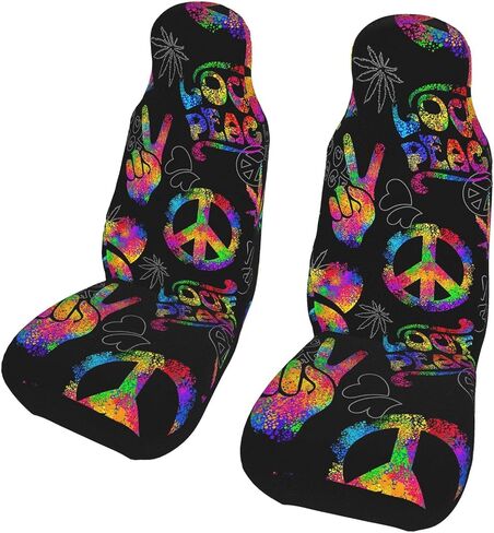 أغطية مقاعد السيارة بإشارة السلام من Rainbow Peace Love Sign، أغطية سجادة السيارة الأمامية لحماية مقعد السيارة، تناسب عالمي لسيارة سيدان وسيارات الدفع الرباعي والشاحنات الداخلية للسيارات، قطعتان in Saudi Arabia