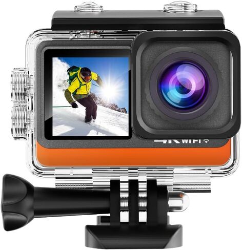 كاميرا Andoer Action Camera الرياضية 4K Ultra HD 24MP مقاومة للماء ومضادة للاهتزاز مع شاشة تحكم باللمس 2.0 بوصة وشاشة مزدوجة 170 درجة زاوية واسعة تدعم البث المباشر مع مرشح للأشعة فوق البنفسجية ومحولات مقاومة للماء in Saudi Arabia