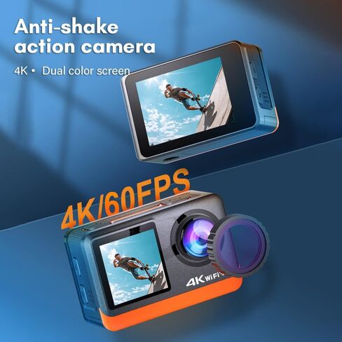 كاميرا Andoer Action Camera الرياضية 4K Ultra HD 24MP مقاومة للماء ومضادة للاهتزاز مع شاشة تحكم باللمس 2.0 بوصة وشاشة مزدوجة 170 درجة زاوية واسعة تدعم البث المباشر مع مرشح للأشعة فوق البنفسجية ومحولات مقاومة للماء in Saudi Arabia