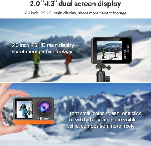 كاميرا Andoer Action Camera الرياضية 4K Ultra HD 24MP مقاومة للماء ومضادة للاهتزاز مع شاشة تحكم باللمس 2.0 بوصة وشاشة مزدوجة 170 درجة زاوية واسعة تدعم البث المباشر مع مرشح للأشعة فوق البنفسجية ومحولات مقاومة للماء in Saudi Arabia