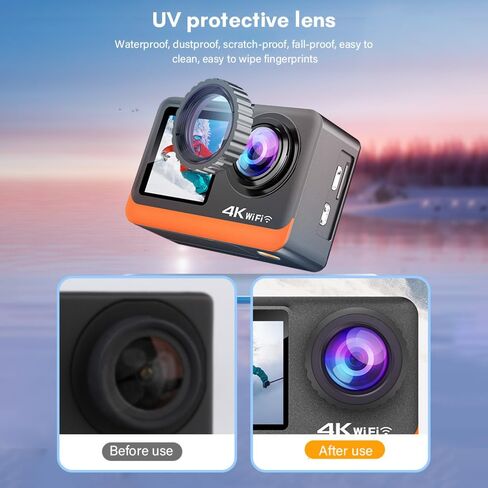 كاميرا Andoer Action Camera الرياضية 4K Ultra HD 24MP مقاومة للماء ومضادة للاهتزاز مع شاشة تحكم باللمس 2.0 بوصة وشاشة مزدوجة 170 درجة زاوية واسعة تدعم البث المباشر مع مرشح للأشعة فوق البنفسجية ومحولات مقاومة للماء in Saudi Arabia