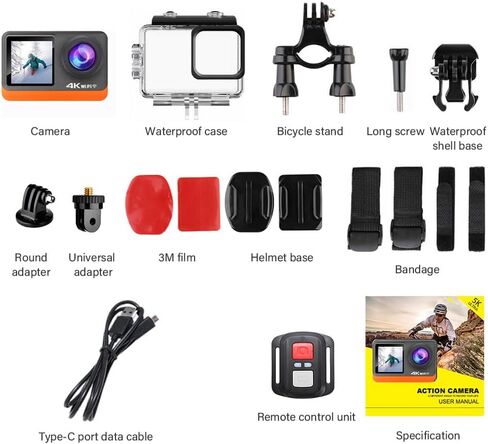 كاميرا Andoer Action Camera الرياضية 4K Ultra HD 24MP مقاومة للماء ومضادة للاهتزاز مع شاشة تحكم باللمس 2.0 بوصة وشاشة مزدوجة 170 درجة زاوية واسعة تدعم البث المباشر مع مرشح للأشعة فوق البنفسجية ومحولات مقاومة للماء in Saudi Arabia
