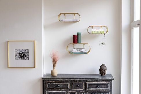 مجموعة كيمستي 3 أرفف حائط عائمة ذهبية للديكور، وإكسسوارات غرفة النوم وغرفة المعيشة، وديكور جداري نحاسي انتقائي، ورف المناشف الورقية، ورف الشمعدان in Kuwait