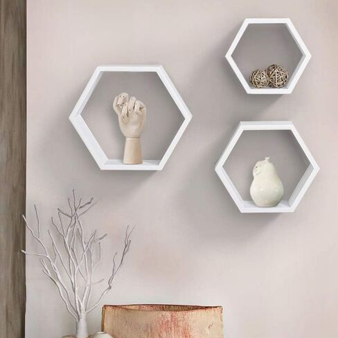 أرفف عائمة سداسية مثبتة على الحائط من AHDECOR، رف معلق منظم حائط خشبي لديكور المنزل، مجموعة من 3 قطع، أبيض in Kuwait
