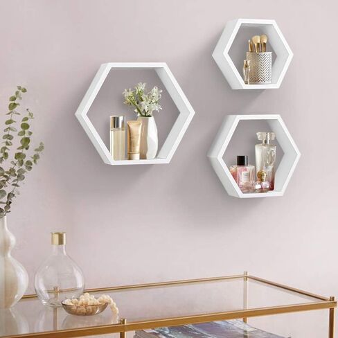 أرفف عائمة سداسية مثبتة على الحائط من AHDECOR، رف معلق منظم حائط خشبي لديكور المنزل، مجموعة من 3 قطع، أبيض in Kuwait