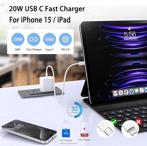 شاحن iPad سريع، 3 عبوات شاحن PD 20 وات USB C مع سلك شاحن USB C إلى C لهاتف IPhone 15/15 Pro/15 Pro Max/15 Plus، iPad 10th، iPad Air 5/4th، iPad Mini 6th، iPad Pro 12.9/ 11 بوصة 2022/21/20/18 in Kuwait