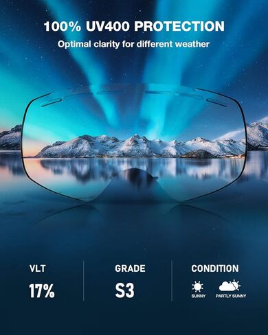 نظارات ZIONOR X10 للتزلج على الجليد OTG للرجال والنساء والشباب حماية من الأشعة فوق البنفسجية ضد الضباب (VLT 17% إطار أسود عدسات سوداء) in Kuwait