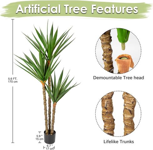 Artificial Tree Indoor 5.2Ft Faux Agave Plant Tree Fake Tropical Yucca Tree with 2 Heads in Pot Fake Dracaena Plants Potted Palm Tree Floor Plant Home Decor Office House Decoration Housewarming Gift in Saudi Arabia