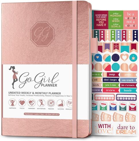 مخطط ومنظم GoGirl للنساء - مخطط أسبوعي مقاس A5 ومجلة الأهداف وجدول الأعمال لتحسين إدارة الوقت والإنتاجية (ذهبي وردي) in Kuwait