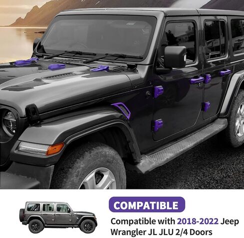 22 قطعة مجموعة كاملة من الديكورات الخارجية تناسب 2018-2024 جيب رانجلر JL JLU 2/4 أبواب، غطاء محرك الباب، أغطية مفصلات المحرك، مقبض الباب، فتحة جانبية، غطاء مفصلي للنافذة (أرجواني) in Kuwait