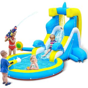 Inflatable Water Slide: 4 in 1 Bounce House Water Park Dolphin Style for Kids - Climbing Wall Splash Pool Water Cannon - 370W Blower - Wet & Dry Indoor Outdoor Backyard Birthday Party