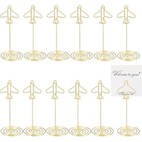 PATIKIL 12 Pack 3.35 Inch Table Number Holders, Airplane Shape Place Card Holders Picture Stand Table Sign Clips for Wedding Reception Restaurants, Gold