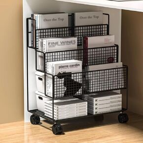 3/4 Tier Metal Floor Standing Magazine Rack, Book Cart with 360° Movable Wheels,Space Saver Rolling File Cart for Office Home School(Size:M,Color:Black)