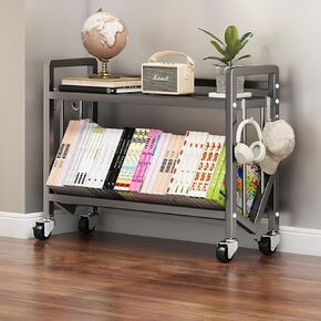 Freestanding Metal Mobile Bookshelf Multi-Layer Book Cart with Wheels,Modern Rolling Book Storage Cart for Home Study Office Classroom School(Size:27.56 * 9.84 * 57.68in,Color:Grey)