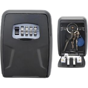 Key Lock Box, Outdoor Lockbox for House Keys, Key Safe Wall Mounted Storage Box with 4 Digit Resettable Combiation Code, 5 Key Capacity, Black