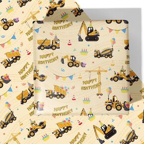 RiukRaiu Construction Wrapping Paper for Boys – Yellow Mixer Truck Crane Balloon Gift Wrap for Birthday Party - 4 Folded Sheets 28 X 40 Inch, Easy to Store