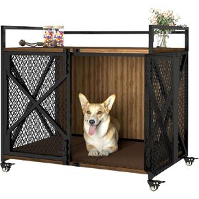 Dog Crate Furniture for Medium Dogs, 31'' Wooden Dog Kennel Indoor End Table with Lockable Wheels, Heavy Duty Dog Cage for Bedroom Living Room, Furniture Style, Rustic Brown
