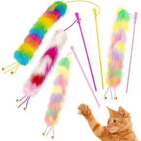 3 Pack Cat Wand Toy, Rainbow Cat Feather Toys with Bells, Teaser Wand with Soft Furry Tail, Interactive Toys for Indoor Cats & Kitten & Kitty