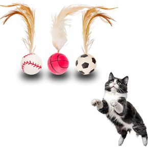 Cat Bouncy Ball Toys Sports Style, 3 Pack with Feathers, Durable Interactive Chase and Pounce Toys for Indoor Cat Exercise, Suitable for All Breeds