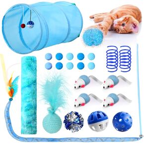 24 PCS Cat Toys Toys Interactive Histten Toys Pack بما في ذلك Play Tunnel Tunnel Feather Wand Ball Springs Pills Pills للقطط الداخلية Puppy (Blue) in Kuwait