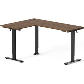 FEZIBO Triple Motor L-Shaped Electric Standing Desk, 75 Inches Height Adjustable Stand up Corner Desk, Sit Stand Workstation with Splice Board, Black Frame/Black Walnut Top