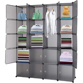 Gray 20-Cube Organizer: Stackable Plastic Storage Shelves, Modular Closet Cabinet with Hanging Rod, DIY Design, Space-Saving Storage for Bedroom, Living Room, Office