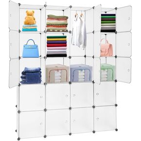 20 Cube Organizer Stackable Plastic Cube Storage Shelves Design Multifunctional Modular Closet Cabinet with Hanging Rod White