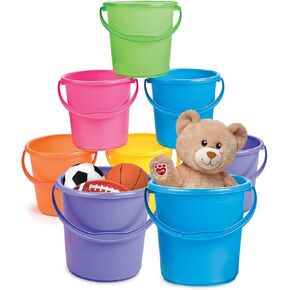 Fun Express 12 pc. Sand Buckets for Kids 7 inch - Premium Sand Buckets Set of 12 - Durable, Mess-Free Cleanup, Easy-Grip Handles and Multi-Purpose Use - VBS Vacation Bible School Supplies/Decor