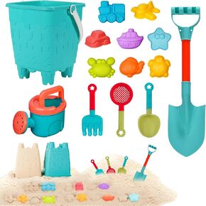 14 Piece Beach Toys,Castle Barrel Bucket,Sea Animal and Traffic Sand Molds,Beach Shovel Tool Kit, Fun Outdoor Games Beach Accessories for Boys Girls
