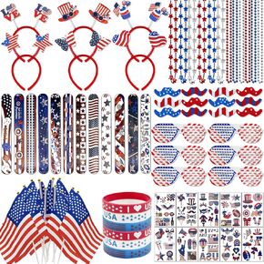 146PCS 4th of July Accessories - Fourth of July Decoration Supplies Headband Bracelet Glasses Tattoo Sticker Necklace Flag American Patriotic USA Themed Party Favors Memorial Independence Day