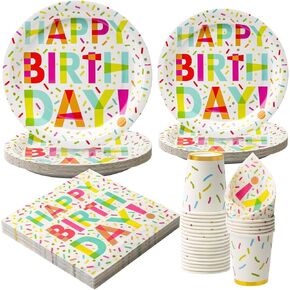 96 Pcs Party Paper Plates and Napkins Sets, Pink Birthday Paper Plates and Napkins, Disposable Tableware Set, Party Supplies for Kids Happy Birthday, Serve for 24, Striped Edge Design