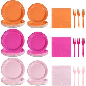 مستلزمات Grencian Pink and Orange Party Supplies - 96 ٪ من لوحات الورق الملونة الصلبة والمناديل النيون التي يمكن التخلص منها في أدوات المائدة البرتقالية الساخنة لغروب الشمس ، زخارف حفلة عيد الميلاد.