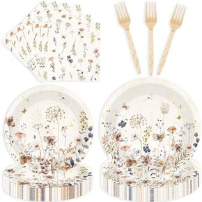 96 Pcs Floral Party Decorations, Boho Wildflower Themed Baby Shower Tea Garden Birthday Party Supplies Tableware Set for 24 Guests, Includes Plates Napkins Forks