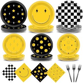 96Pcs Smile Face Birthday Party Decorations One Happy Dude Yellow Smile Face Paper Plates Napkins Lightning Star Checkered Tableware Dinnerware Supplies for Birthday Baby Shower Wedding Party Favors