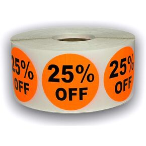 Orange 1.5" Round Twenty Five Percent Off Pricing Discount Stickers (1000 Labels Per Roll / 1 Roll)
