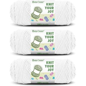 Besgeer White Yarn for Crocheting, Knitting, Tufting, Craft, 3 Pack of 100g/3.5oz Crochet Yarn, 4 Medium (Worsted), 327 Yards - 100% Acrylic