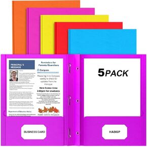HABGP Two Pocket Folder with Prongs, 5 Color Paper Folders with Pockets and Business Card Holder, Folders with Pocket Fit Letter Size, Organizing Papers in School, Office & Business