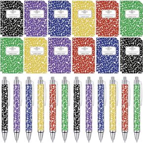 24 Pack Narrow Ruled Composition Notebook with 24 Pack Rainbow Colors Ballpoint Pens, 3.1x4.9 inch Hard Cover,16 Sheets Per Comp Book Marble Composition Notebook for School College & Office Supplies