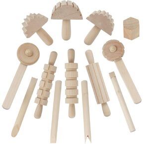 12-Piece Wooden Kneading and Shaping Tool Set for Kids, Includes Rolling Pins and Modeling Extruders