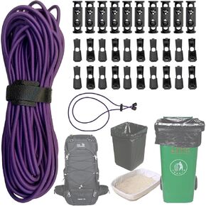 Trash Can Rubber Bands, 11-Yard 1/8-inch Large Rubber Bands Heavy Duty - 10 pcs Double-Hole Spring Locks + 20 pcs Cord Ends | Trash Can Fixing/Beach Towel Straps/DIY Sewing