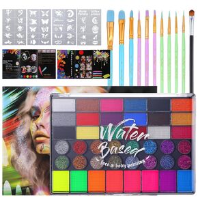 42 Color Face Painting Kit for Kids - Water Based, Non Toxic Face paint palette with Art Brushes, Stencils, Gems - For Halloween, Carnival, Costume Makeup, Parties & Cosplay