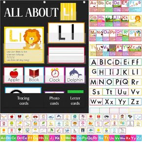 34" x 27" All About Letters Pocket Chart Alphabet Learning Pocket Chart with 96 Cards Letter of The Day/Week Activity Wall Alphabet Card Tracing for Homeschool Preschool Kindergarten(Black)