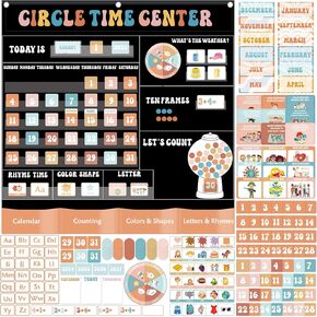 357 Pcs Groovy Circle Time Center Classroom Educational Pocket Charts Calendar Teaching Materials for Kids Toddler Learning Activities Teacher Educational Supplies Classroom Home Must Have 39.5 inch