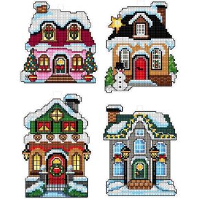 Counted Cross-Stitch Kit on Plastic Canvas with Winter Houses. 4 Christmas Ornaments Different Dimensions 112CS. Perfect for Art & Craft Amateurs