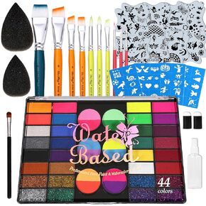 Face Painting Kits for Kids Party Non-Toxic Water-Activated Body Paint Professional Makeup Palette with Stencils, Brush, Gems - For Halloween Costume Parties Body Art (42 Colors)