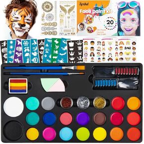 Face Painting Kit for Kids 20 Water Based Non-Toxic Sensitive Skin Paints 100 Stencils 3 Glitters 2 Hair Chalks Combs 2 Tattoos Sheets Face Painting Book Safe Professional Face Paint Kit For Kids