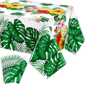 Tatuo 3 Pcs Hawaiian Tablecloths Tropical Luau Table Covers Summer Party Decoration Palm Leaves Plastic Disposable Rectangular Aloha Flower Tablecloth for Summer Cocktail Party Supplies (Green)