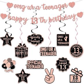 Pre-Strung 13th Birthday Banner Decorations for Girls, Glitter Omg Ur A Teenager Happy 13th Birthday Decor, Rose Gold Thirteen Years Bday Hanging Swirls Party Supplies