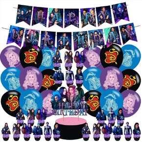 Descendants Birthday Party Decoration, Kids Theme Birthday Banner, Cake Topper, Latex Balloons